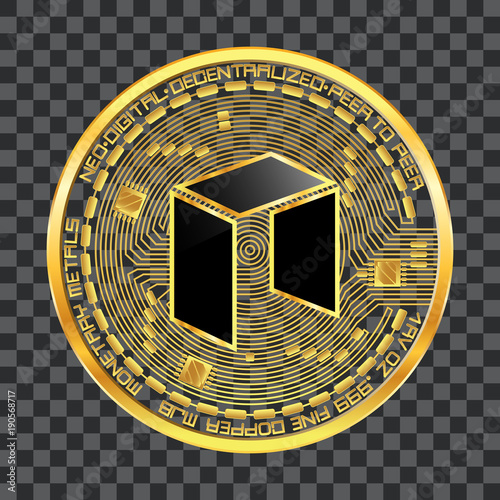 Crypto currency golden coin with black lackered neo symbol on obverse isolated on transparent background. Vector illustration. Use for logos, print products, web decor or other design.
