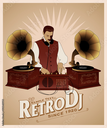 DJ retro style with mustache, vest, bow tie and headphones around the neck. Vintage gramophones and title of old-style lettering.