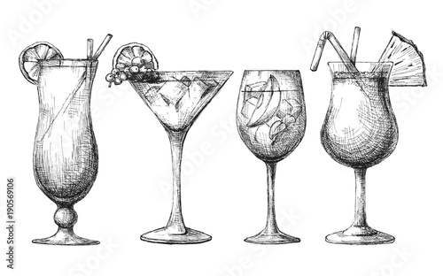 Set of different glasses, different cocktails. Vector illustration of a sketch style