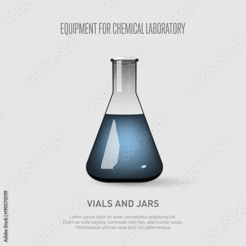 A conical flask with blue liquid. Equipment for chemical laboratory. Transparent glass flask Vector illustration
