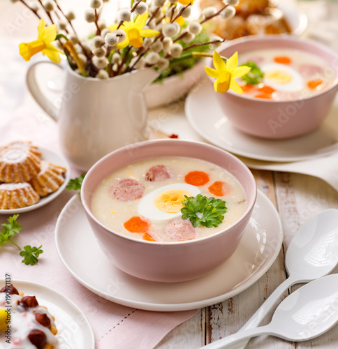 Polish Easter soup, white borscht with the addition of white sausage and a hard boiled egg, traditional Easter dish in Poland