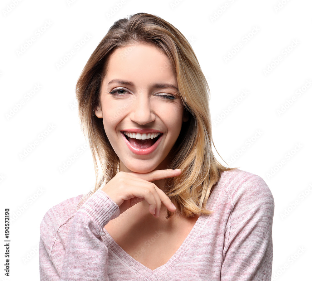 Portrait of beautiful smiling woman on white background Portrait of beautiful smiling woman on white background