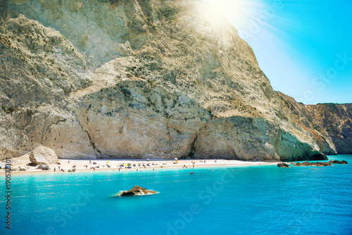 Sunshine over Porto Katsiki beach in summer holiday, Lefkada island Greece
