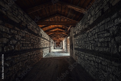Creepy attic interior at abandoned building photo