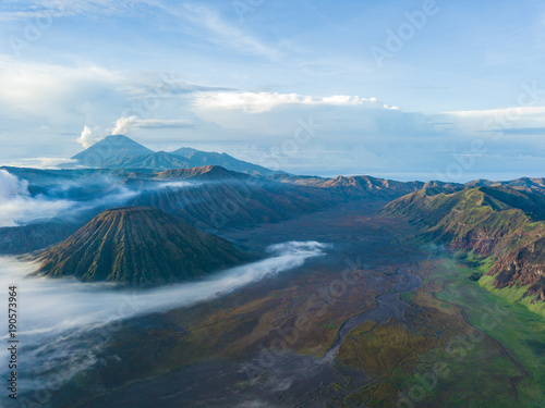 Aerial view from drone to Mount Bromo volcano (Gunung Bromo) and Batok at morning in Bromo Tengger Semeru National Park, East Java, Indonesia.