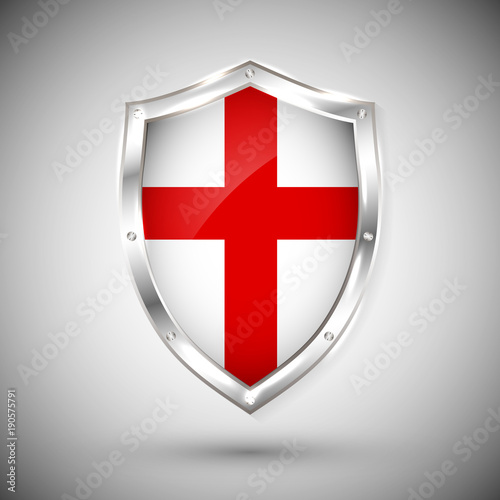 Enfland flag on metal shiny shield vector illustration. Collection of flags on shield against white background. Abstract isolated object photo