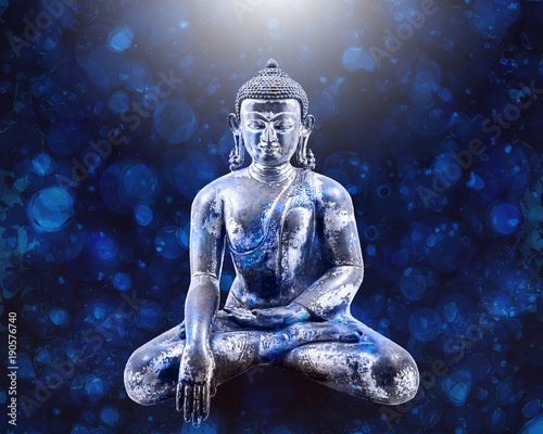 Sitting Buddha over blue background. Vector illustration. The symbol of Hinduism, Buddhism, spirituality and enlightenment