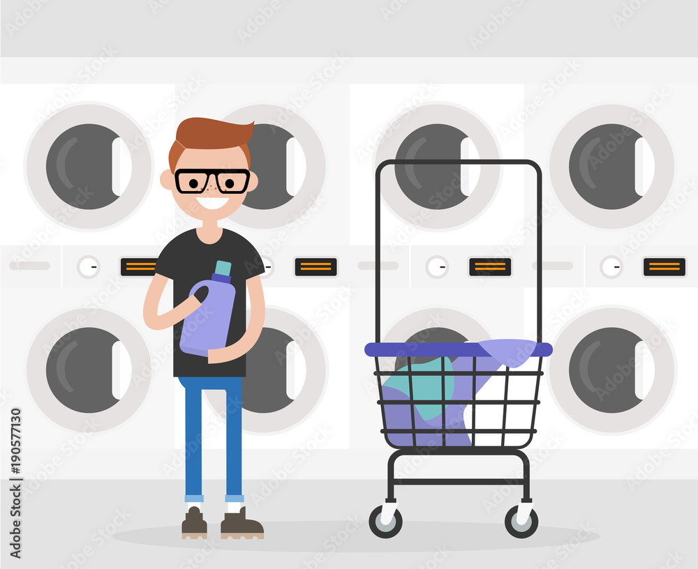 Daily routine. Young character washing clothes in a public coin laundry. Flat editable vector illustration, clip art Daily routine. Young character washing clothes in a public coin laundry. Flat editable vector illustration, clip art