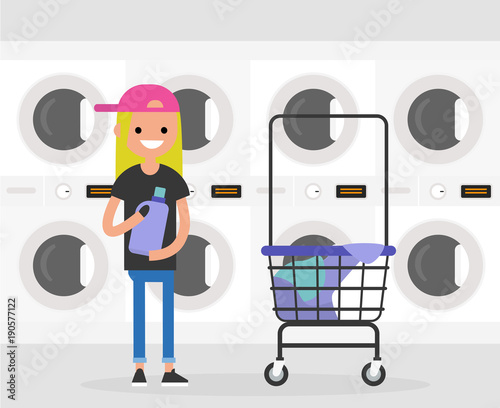 Daily routine. Young character washing clothes in a public coin laundry. Flat editable vector illustration, clip art