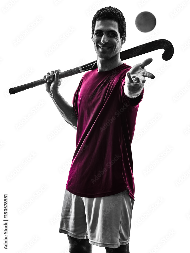 Fototapeta premium one caucasian field hockey player man isolated silhouette on white background