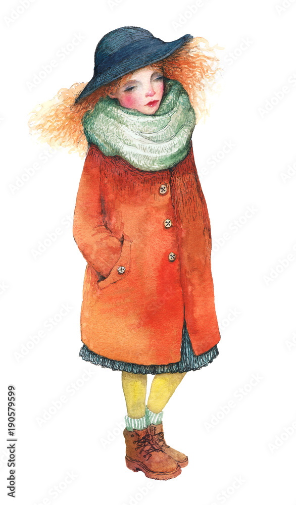 Watercolor illustration of a walking girl with ginger hair, wearing a red  coat, hat and a big knitted scarf. Character design. Stock Illustration |  Adobe Stock