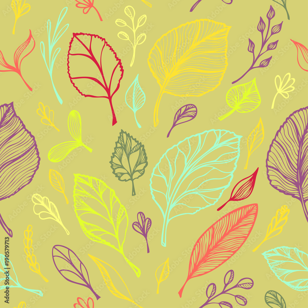 Seamless pattern from Hand draw structure of  leaves colorful on green in line art for design flyer banner or for decoration package of  tea or cosmetic or  perfume or for design of botanical theme