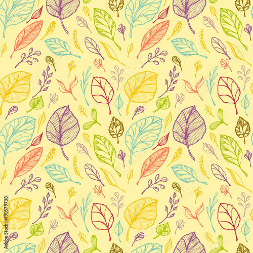 Seamless pattern from Hand draw structure of  leaves colorful on yellow in line art for design flyer banner or for decoration package of  tea or cosmetic or  perfume or for design of botanical theme