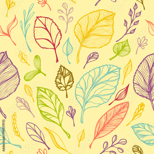 Seamless pattern from Hand draw structure of leaves colorful on yellow in line art for design flyer banner or for decoration package of tea or cosmetic or perfume or for design of botanical theme