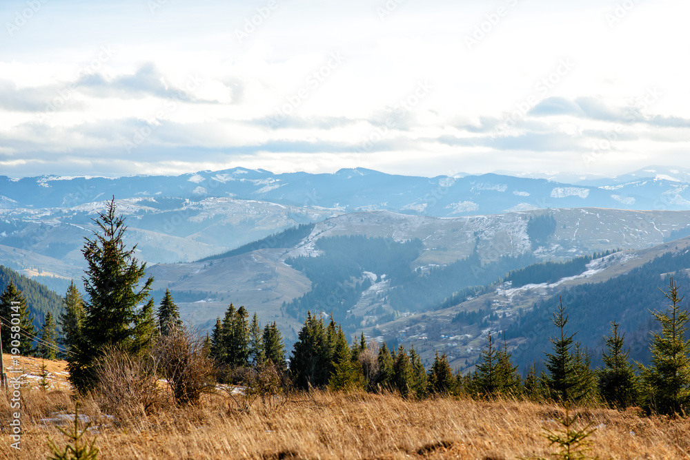 Scenic winter view on top of the Carpathian mountain