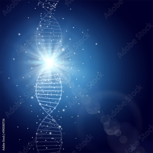DNA molecule background, spiral construction with magical sparkle, symbolizing miracle of life, power of genetics. Heredity phenomenon vector illustration.