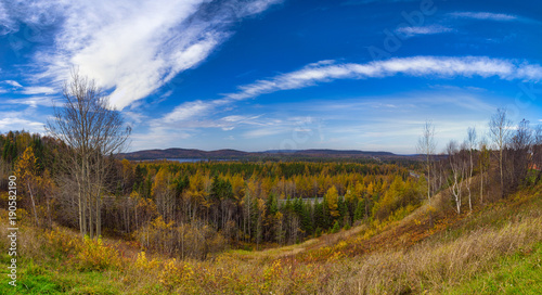View of Northern Ontario lake during the fall, taken from the town of Wawa