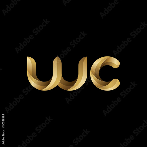 Initial lowercase letter wc, swirl curve rounded logo, elegant golden color on black background