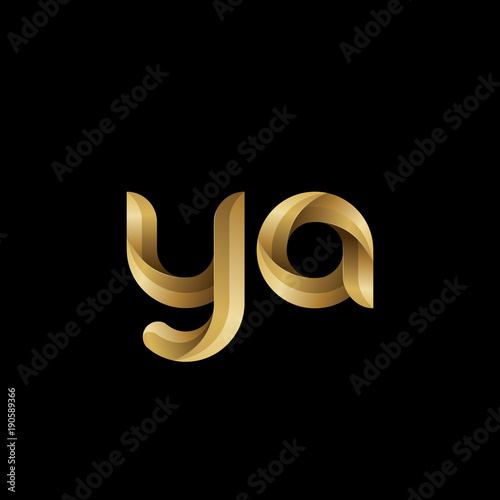 Initial lowercase letter ya, swirl curve rounded logo, elegant golden color on black background