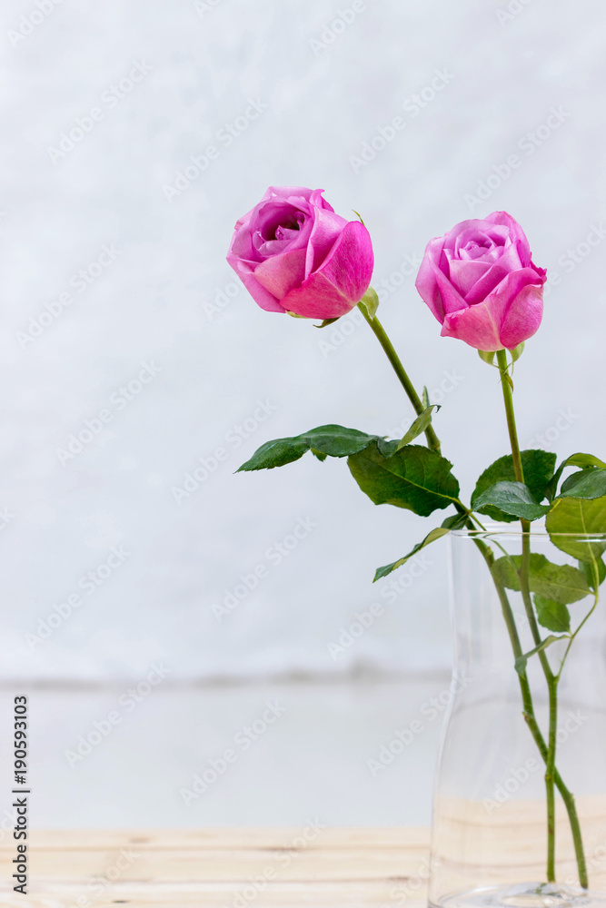 Two pink roses in vase on wood table. Two pink roses in vase on wood table.