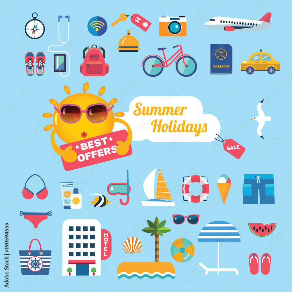set of flat icons for summer holidays
