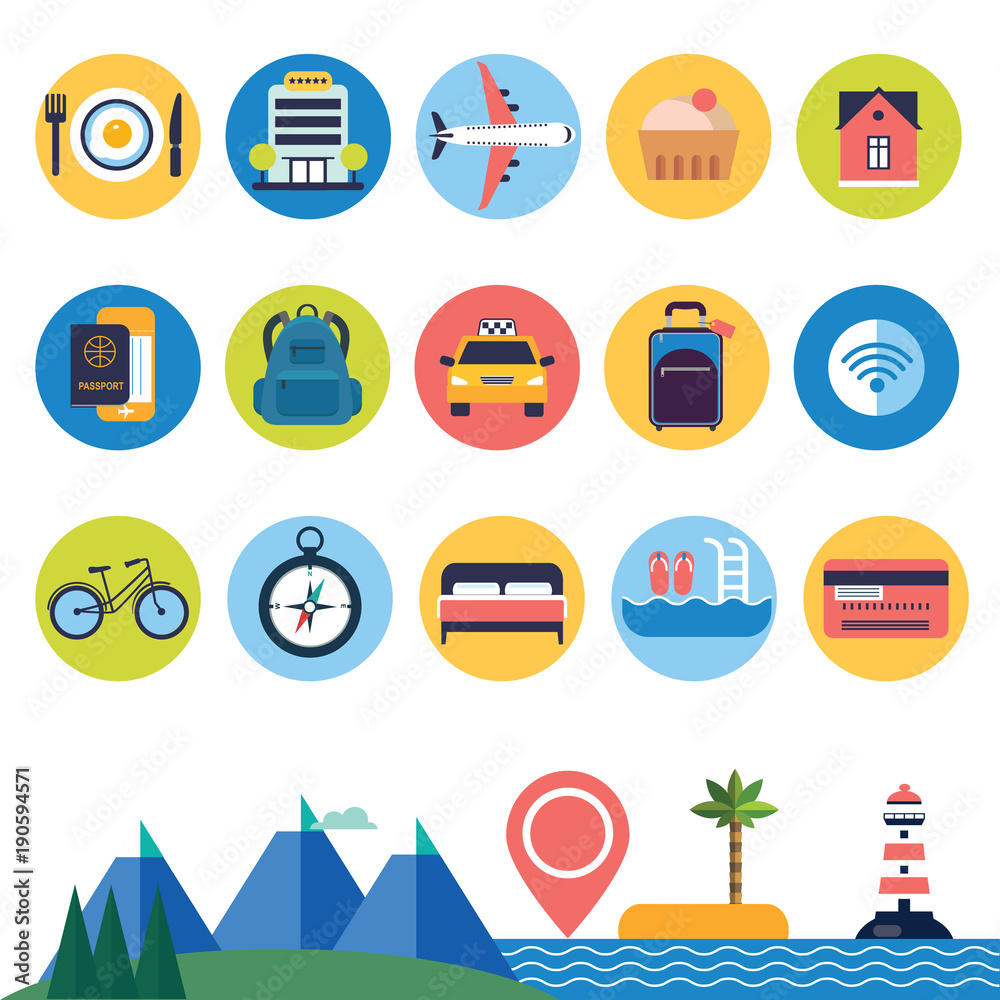 set of flat vector icons for planning and booking travel set of flat vector icons for planning and booking travel