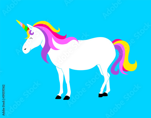 Cute magic Unicorn. Cartoon fantasy animal. Vector illustration isolated on blue background. Dream symbol. Design for children. © wowow