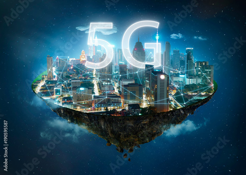 Fantasy island floating in the air with 5G network wireless systems and internet of things , Smart city and communication network concept .