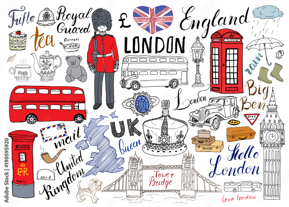 Obraz premium Londyńskie miasto doodles elementy kolekcji. Ręcznie rysowane zestaw z, most, wieża, korona, big ben, straż królewska, czerwony autobus i taksówka, mapa Wielkiej Brytanii i flaga, dzbanek do herbaty, napis, ilustracji wektorowych izolowane