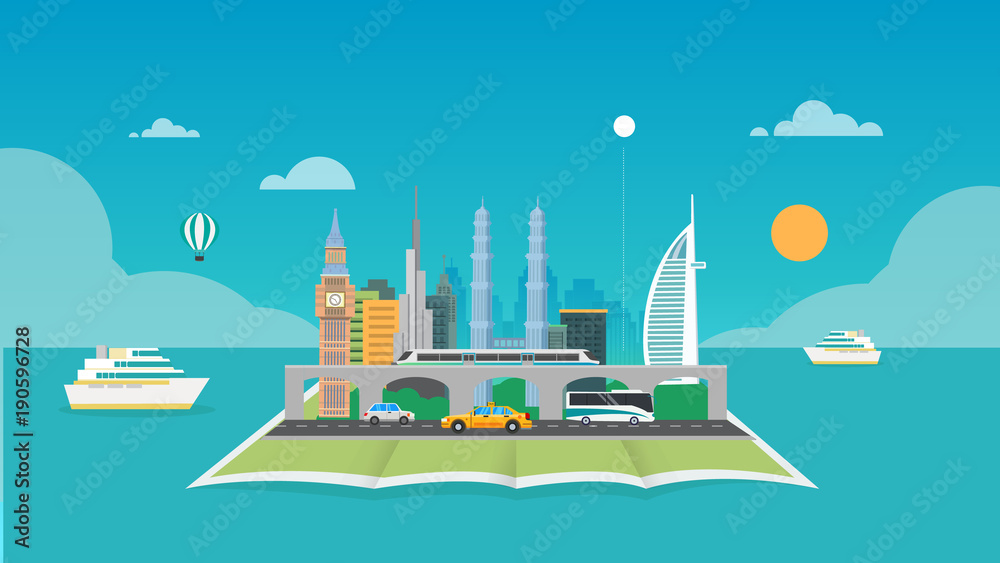 City with map and ocean background vector illustration.Travel around the world concept

