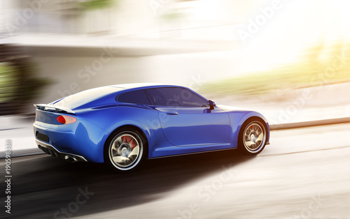 blue sports car driving on urban scene, photorealistic 3d render, generic design, non-branded