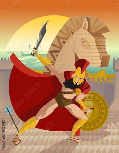 trojan horse wall troy scene with achilles warrior