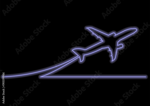 one line drawing with neon vector effect - passenger airplane