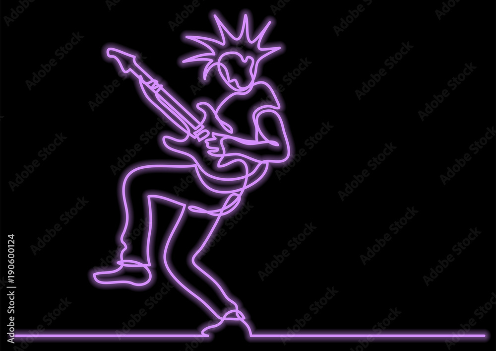 continuous line drawing of expressive rock guitarist posing with neon vector effect