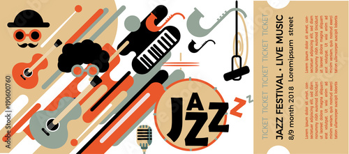 Template for the ticket of the jazz festival with musical instruments. Illustration with saxophone and piano keys and guitar. Colorful Musicians of the Jazz Festival