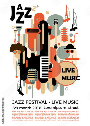 A poster for a jazz festival with musical instruments. Illustration with saxophone and piano keys and guitar. Colorful jazz festival musicians singers photo