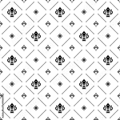Seamless black and white pattern. Modern geometric ornament with royal lilies. Classic vintage background