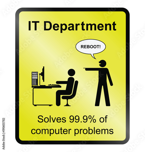 Yellow comical IT department public information sign isolated on white background