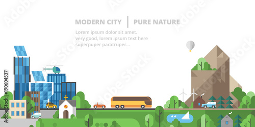 Ecology landscape. Modern city, pure nature. Mountain landscape.