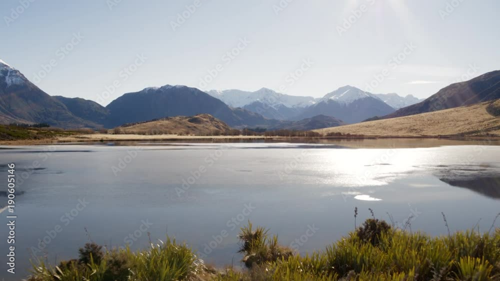 Aerial drone video of Ice on Lake Sarah during Winter, Canterbury High Country, New Zealand Aerial drone video of Ice on Lake Sarah during Winter, Canterbury High Country, New Zealand