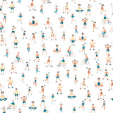 Active lifestyle, sports entertainment outdoors. Young people in city park. Seamless pattern, vector background illustration on white.