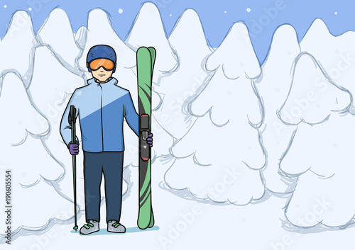 Young man standing with mountain skis at background of snow-covered forest. Winter sport. Vector character illustration.