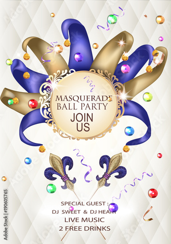 Masquerade ball party invitation banner with masquerade  deco object. Vector illustration