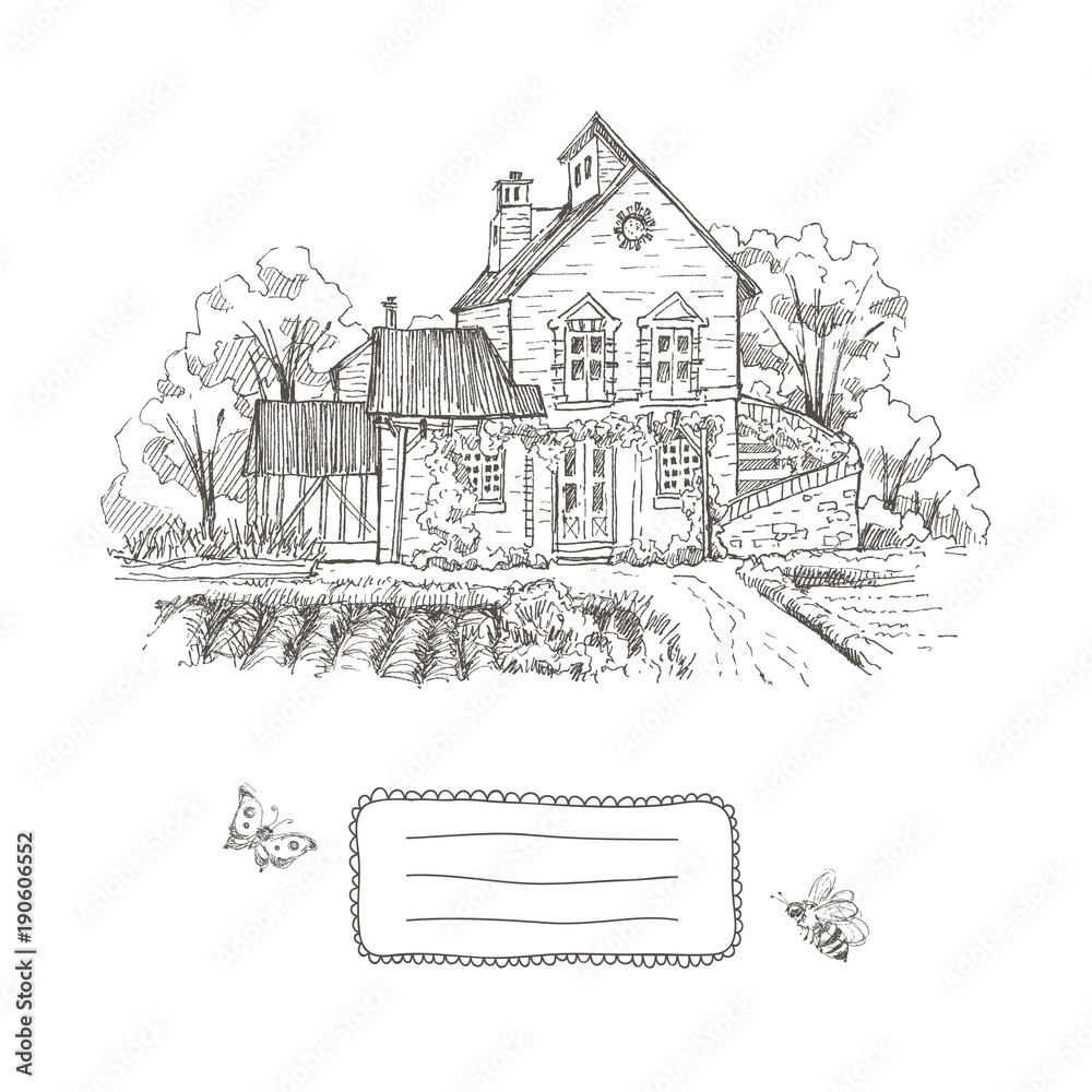 Old farmhouse and garden illustration. Frame for text. Hand drawn illustration. Vector design