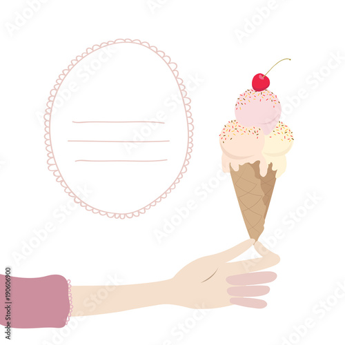 A womans hand holds an ice cream cone with cherry. Place for text with lace frame. Flat design vector illustration