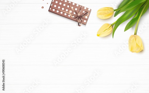 Bunch of spring yellow tulips and gift box on white wooden background. Vector illustration