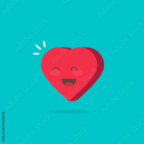 Happy cheerful heart vector illustration isolated, flat cartoon heart character with lovely smile face or happiness, idea or romantic comic gift icon, amour or joyful emotion
