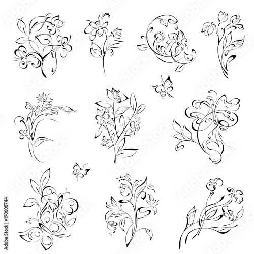 flowers 19. SET. stylized flowers and butterflies in black lines on a white background. SET