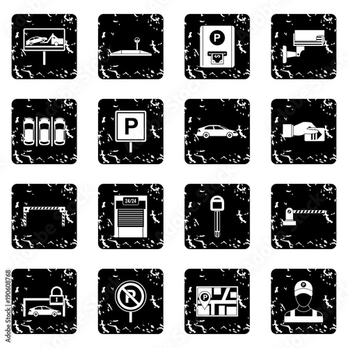 Car parking set icons, grunge style