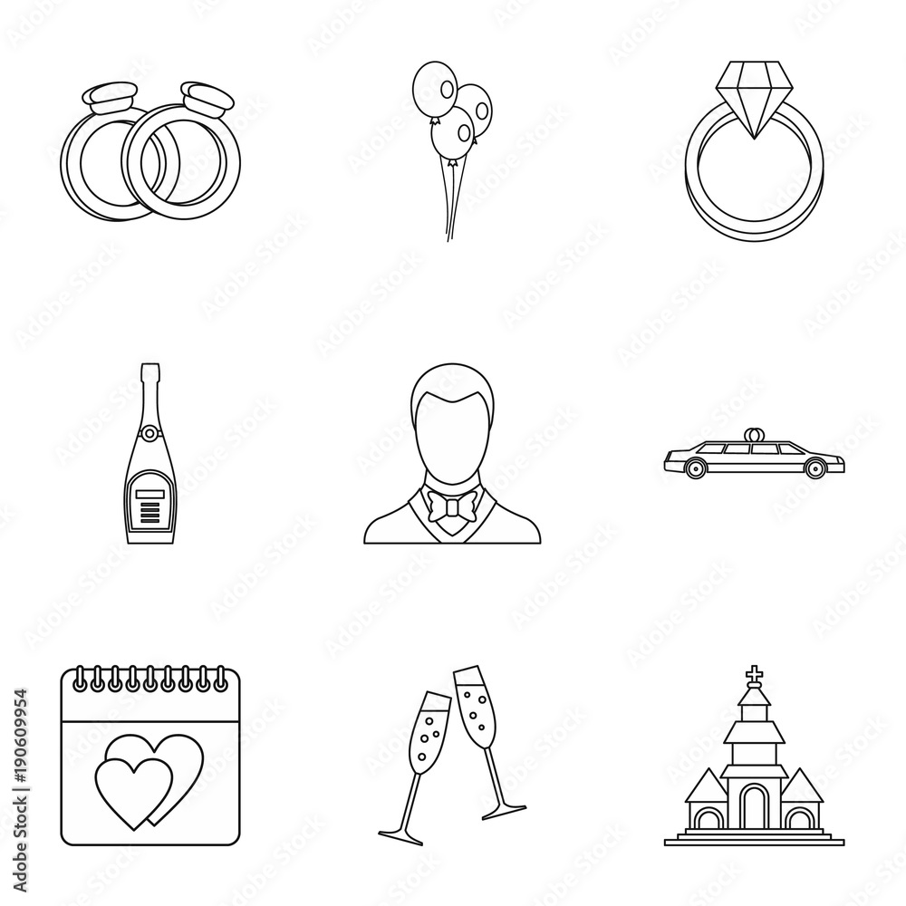 Marriage ceremony icons set, outline style